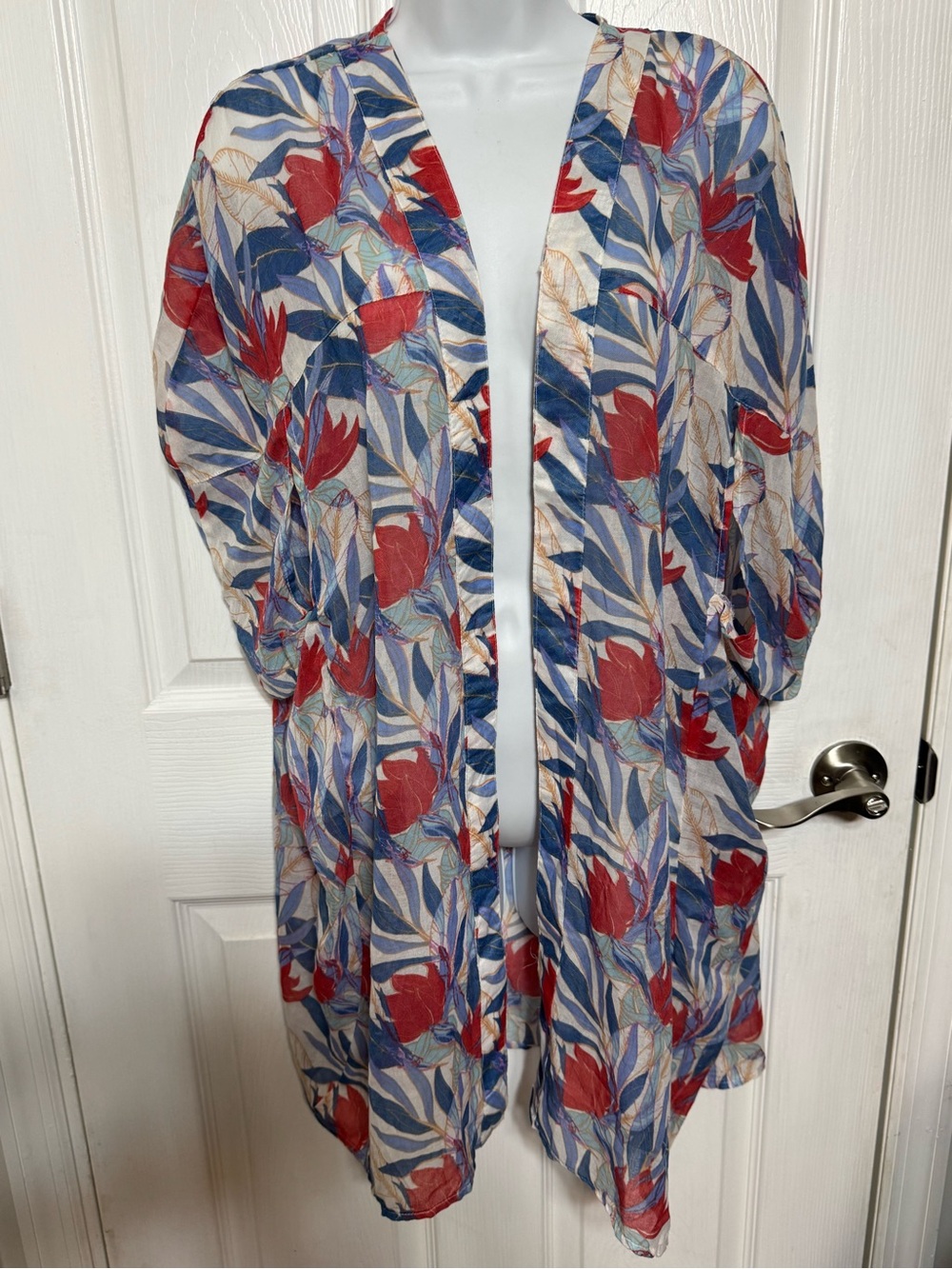 BCBGeneration Sheer Floral Kimono in Red, Blue & Cream